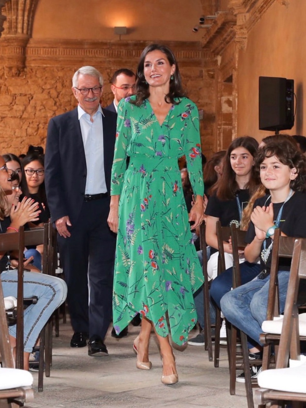 Maje Green Floral Long-Sleeve Midi Dress with Purple & Red Accents